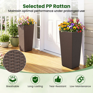 Set of 2 Rattan Tall Plant Pots with Detachable Plastic Liners-Brown