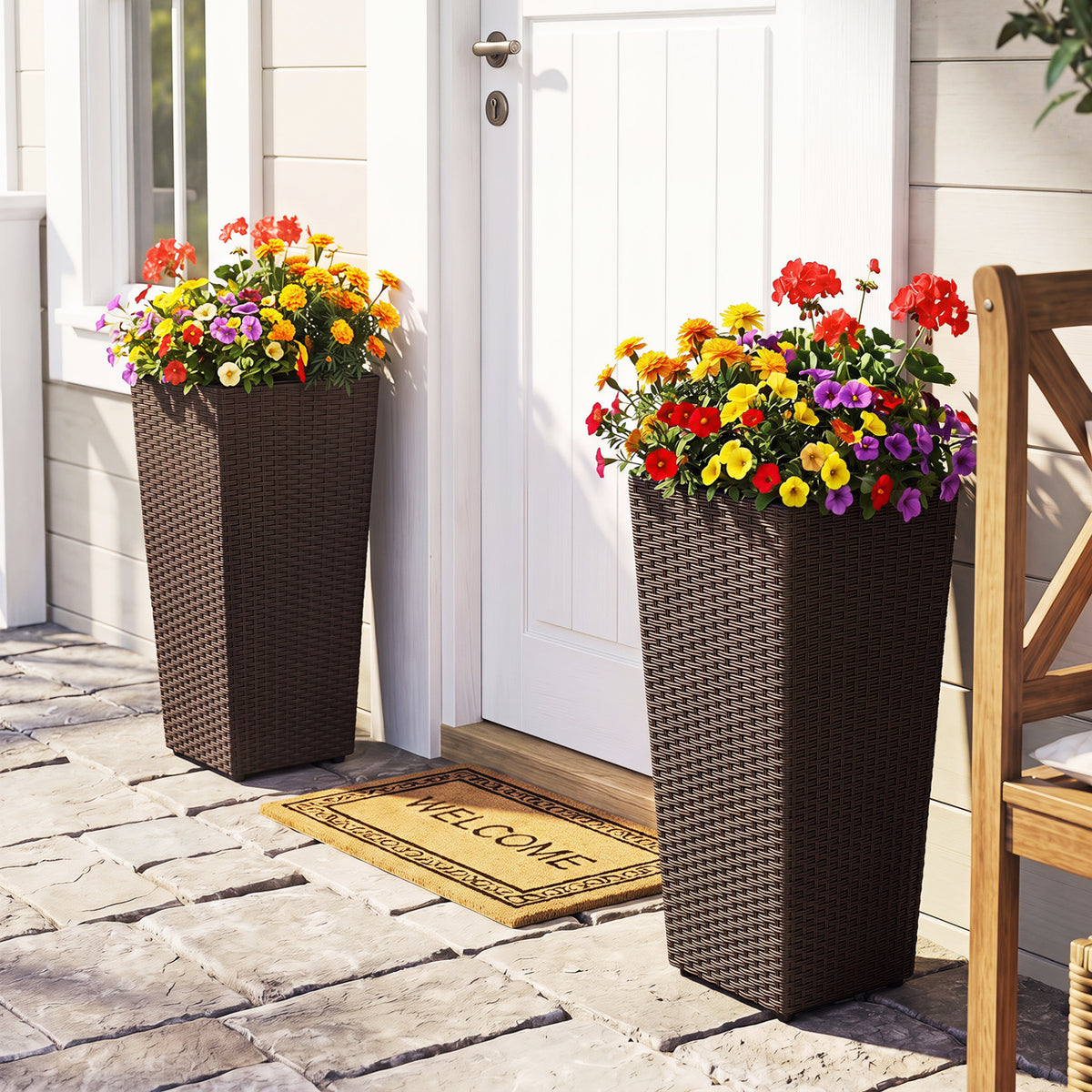 Set of 2 Rattan Tall Plant Pots with Detachable Plastic Liners-Brown
