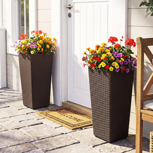 Set of 2 Rattan Tall Plant Pots with Detachable Plastic Liners-Brown
