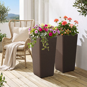 Set of 2 Rattan Tall Plant Pots with Detachable Plastic Liners-Brown