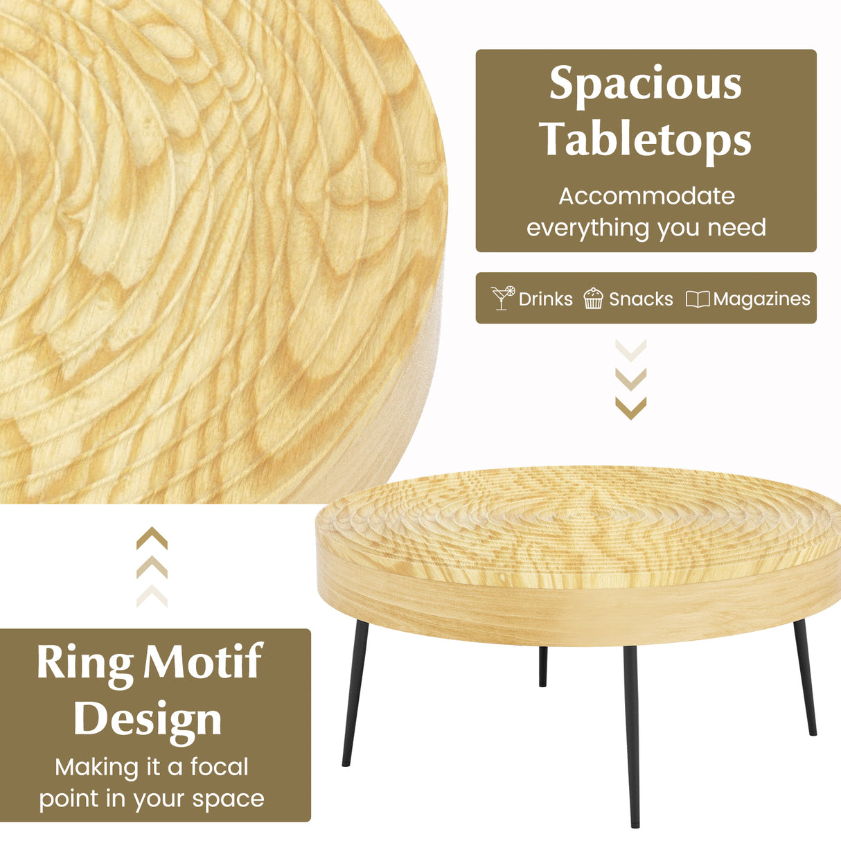 Set of 2 Solid Wood Farmhouse Round Coffee Tables-Natural