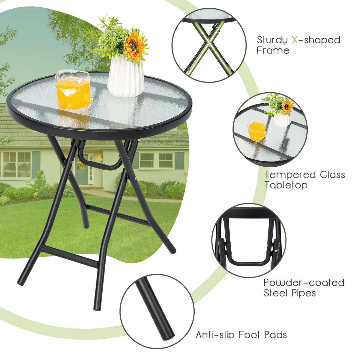 Set of 2 Round Patio Side Table with Tempered Glass Top-Black