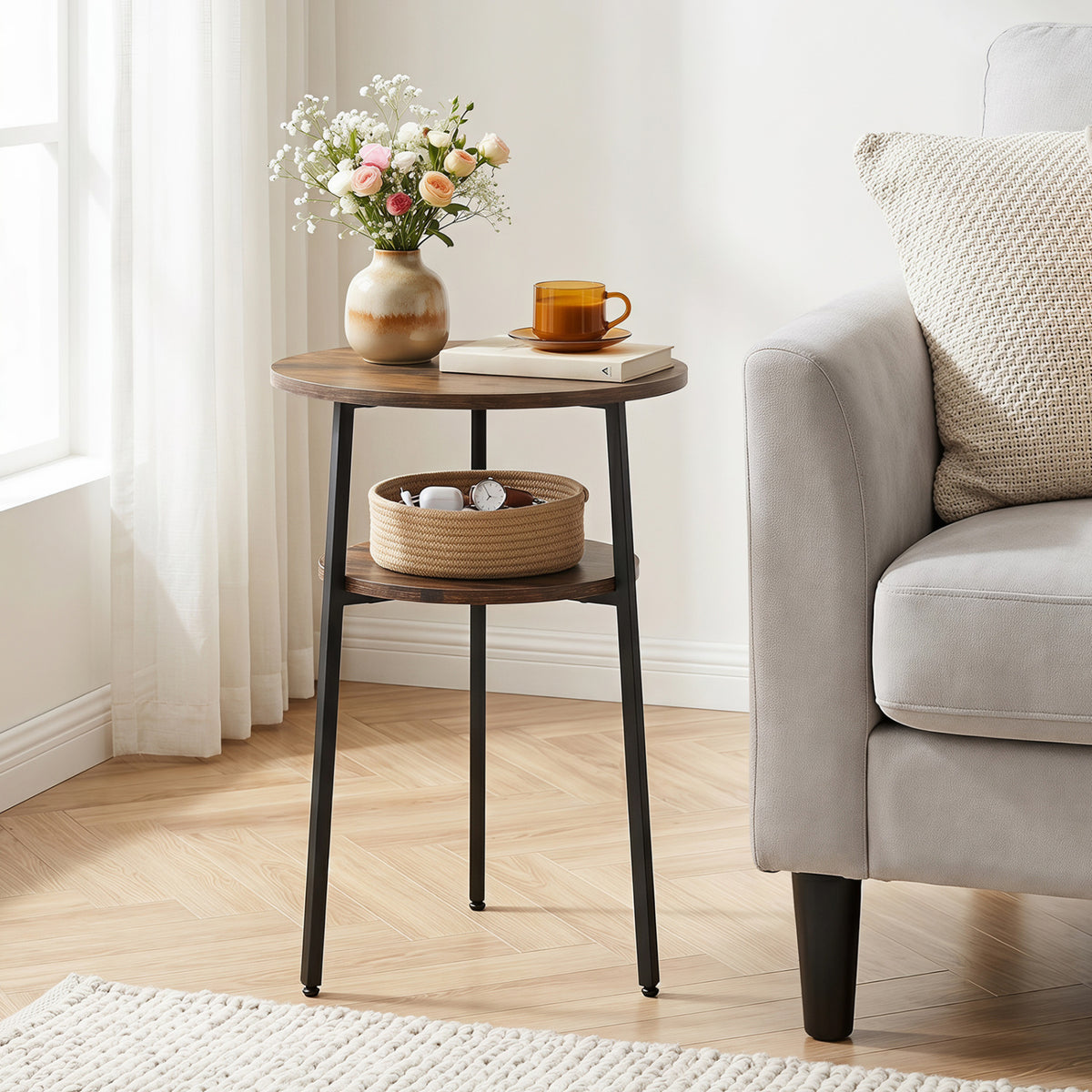 Set of 2 Round Side Table with Storage Shelf & Metal Frame for Living Room-Rustic Brown