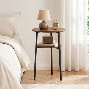 Set of 2 Round Side Table with Storage Shelf & Metal Frame for Living Room-Rustic Brown