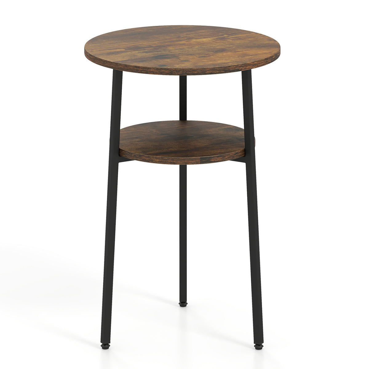 Set of 2 Round Side Table with Storage Shelf & Metal Frame for Living Room-Rustic Brown