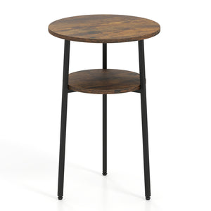 Set of 2 Round Side Table with Storage Shelf & Metal Frame for Living Room-Rustic Brown