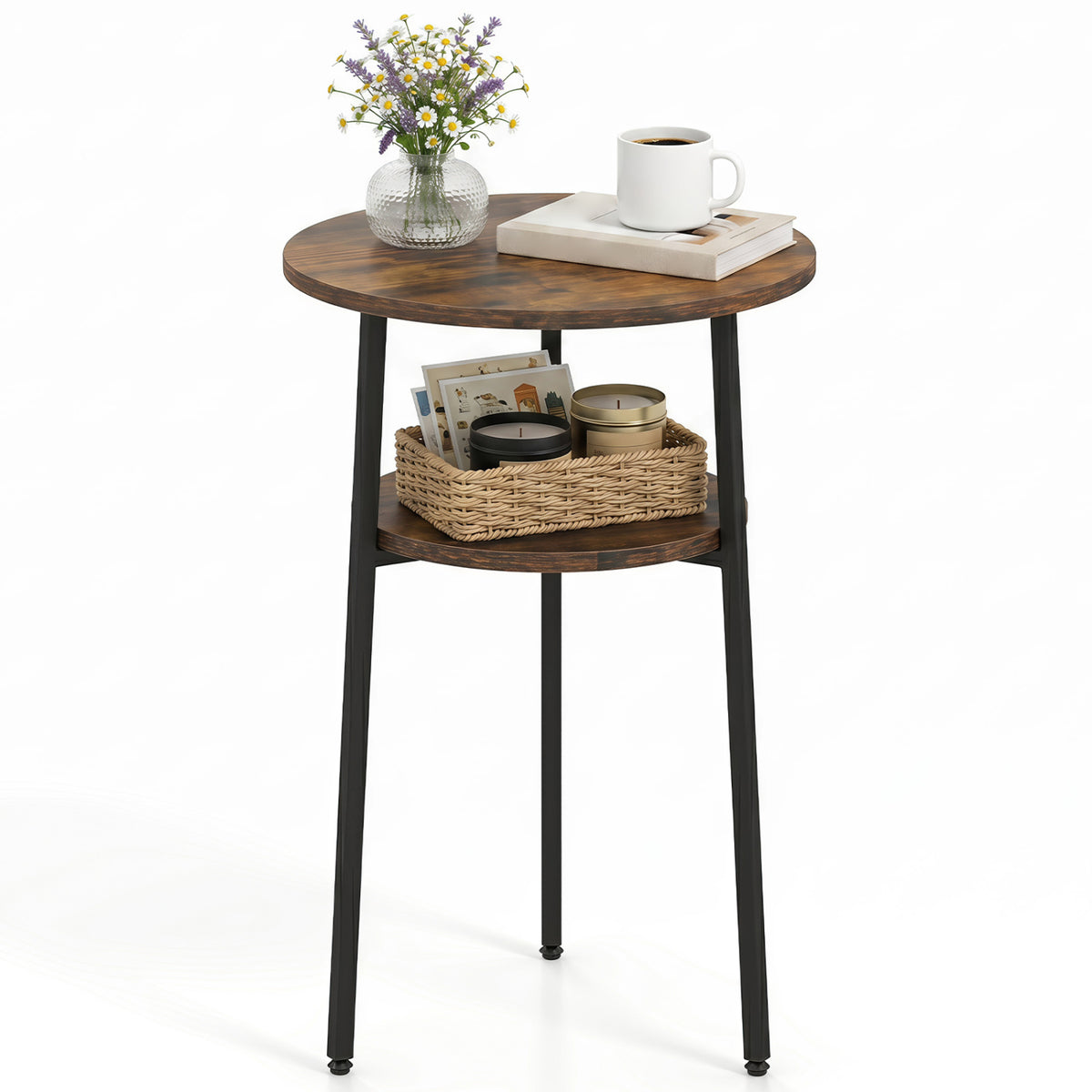 Set of 2 Round Side Table with Storage Shelf & Metal Frame for Living Room-Rustic Brown