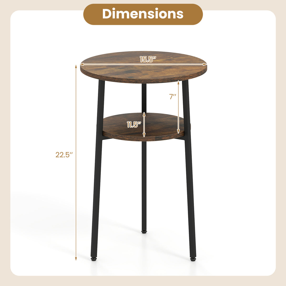 Set of 2 Round Side Table with Storage Shelf & Metal Frame for Living Room-Rustic Brown