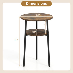 Set of 2 Round Side Table with Storage Shelf & Metal Frame for Living Room-Rustic Brown