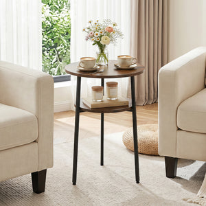 Set of 2 Round Side Table with Storage Shelf & Metal Frame for Living Room-Rustic Brown