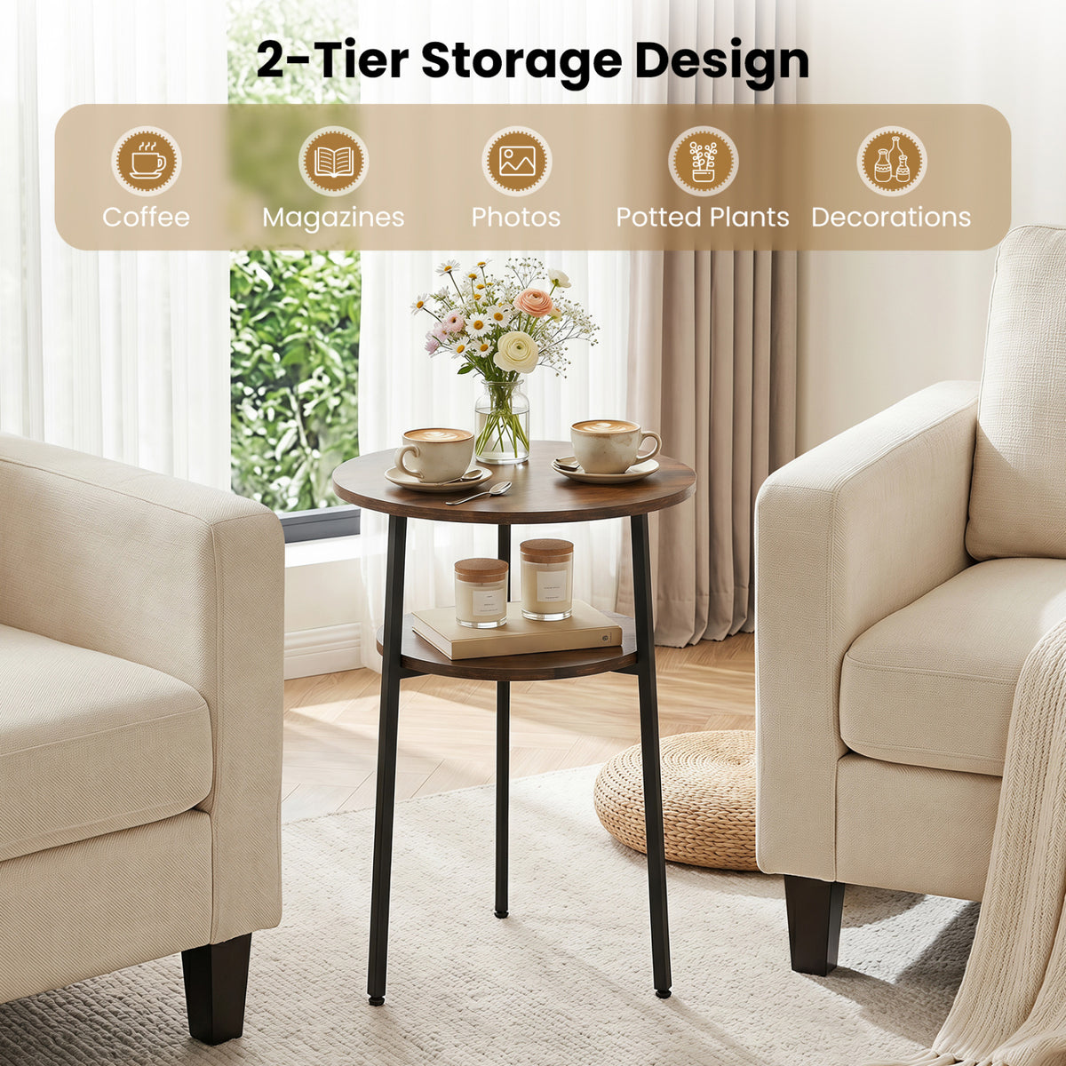 Set of 2 Round Side Table with Storage Shelf & Metal Frame for Living Room-Rustic Brown