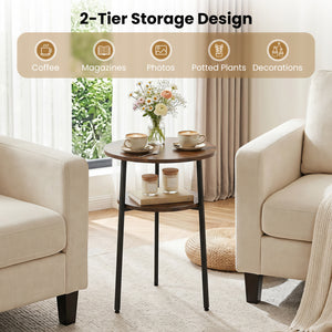 Set of 2 Round Side Table with Storage Shelf & Metal Frame for Living Room-Rustic Brown