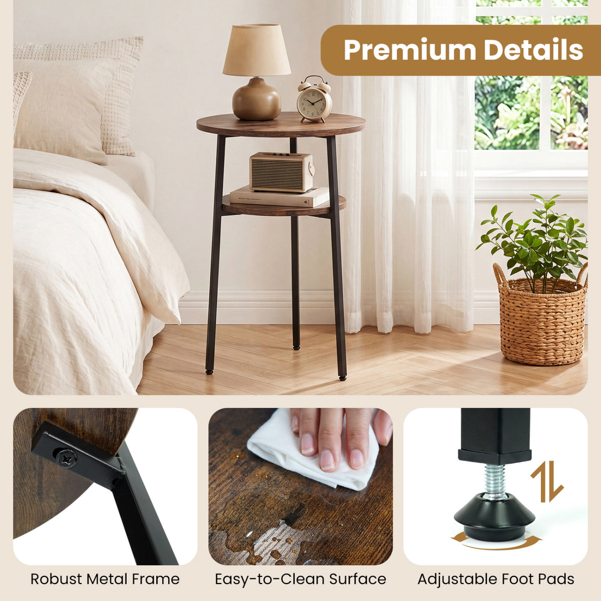 Set of 2 Round Side Table with Storage Shelf & Metal Frame for Living Room-Rustic Brown