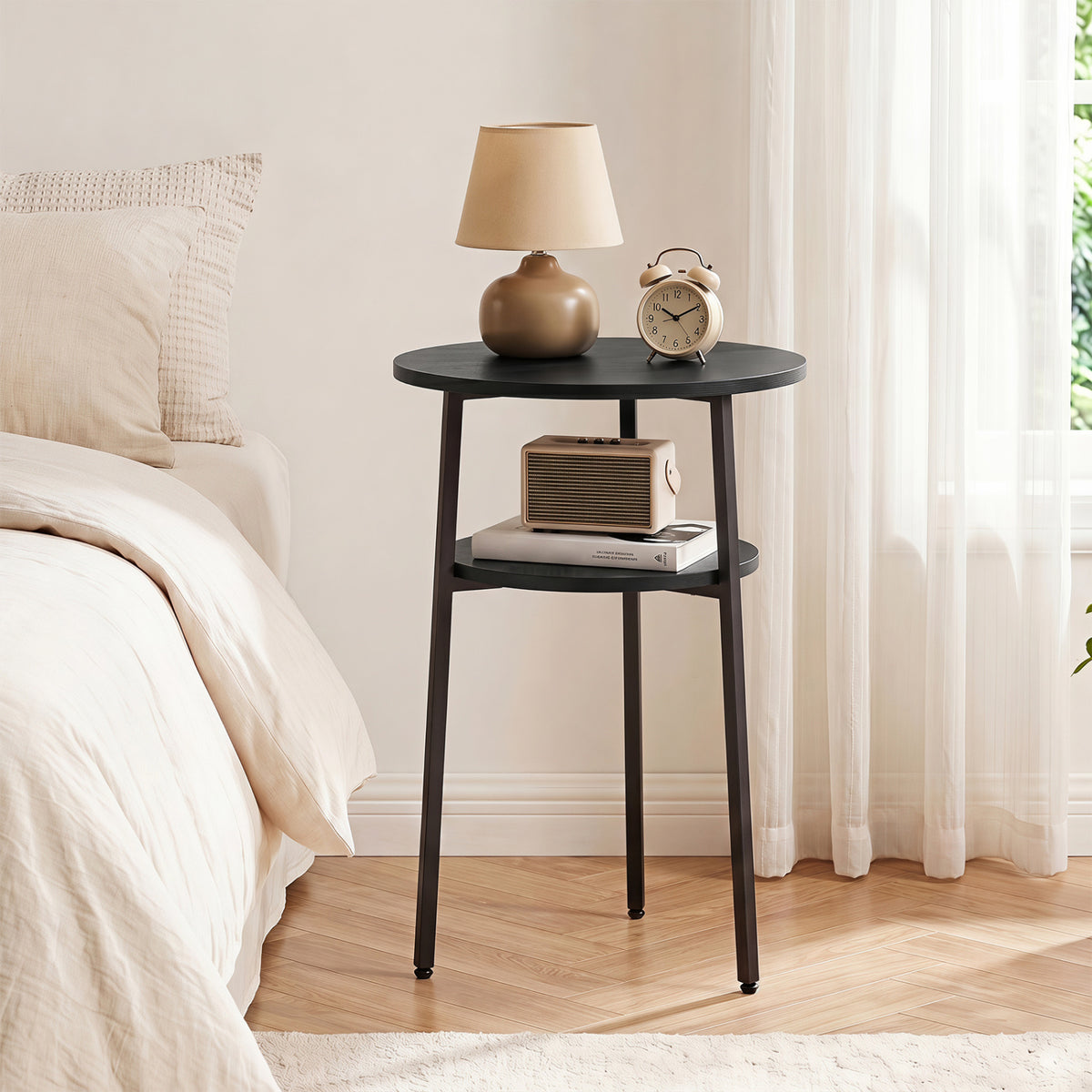 Set of 2 Round Side Table with Storage Shelf & Metal Frame for Living Room-Black