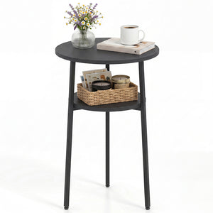 Set of 2 Round Side Table with Storage Shelf & Metal Frame for Living Room-Black