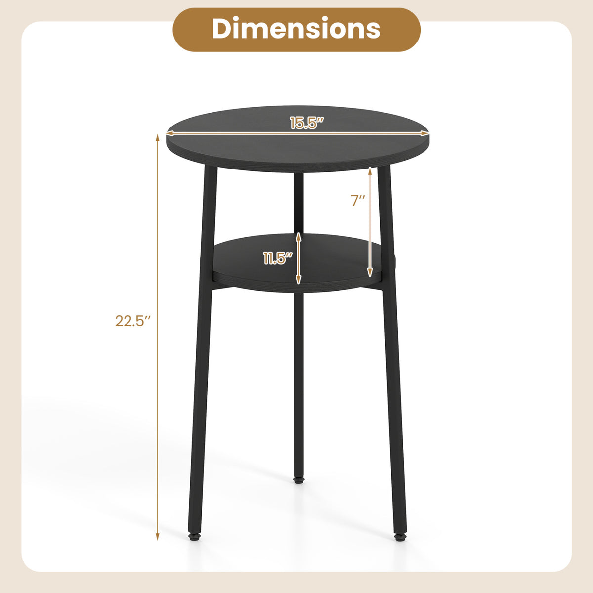 Set of 2 Round Side Table with Storage Shelf & Metal Frame for Living Room-Black