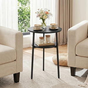 Set of 2 Round Side Table with Storage Shelf & Metal Frame for Living Room-Black