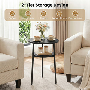 Set of 2 Round Side Table with Storage Shelf & Metal Frame for Living Room-Black