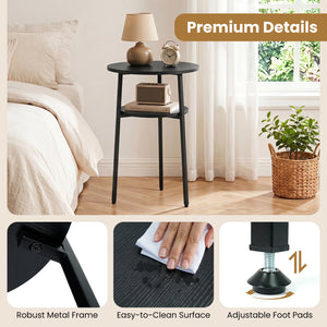 Set of 2 Round Side Table with Storage Shelf & Metal Frame for Living Room-Black