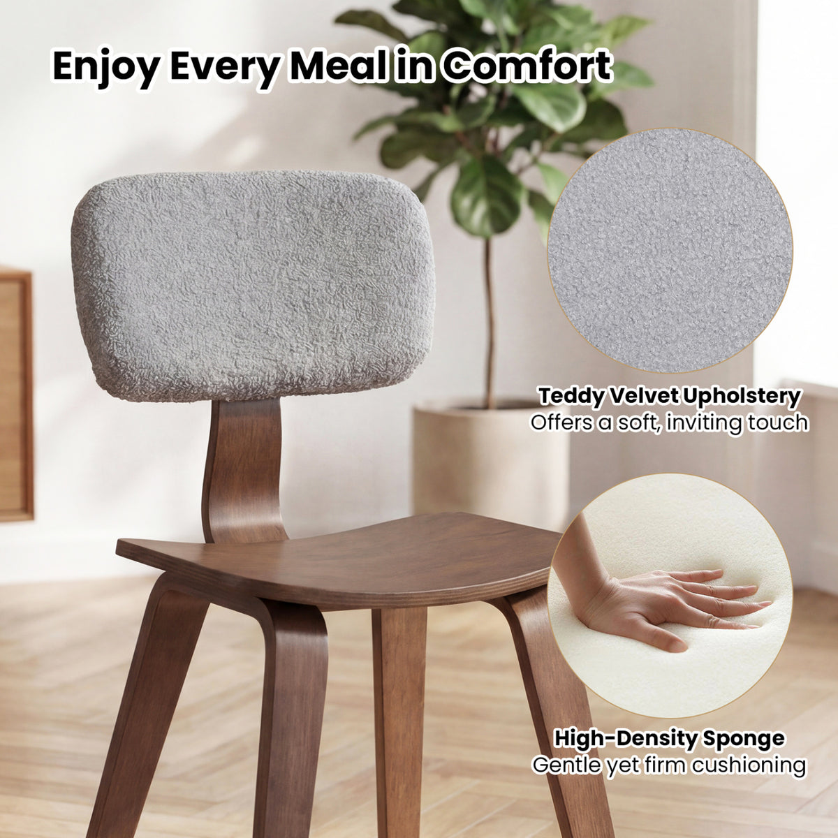 Set of 2 Rubber Wood Dining Room Chairs with Teddy Velvet Padded Backrest-Walnut