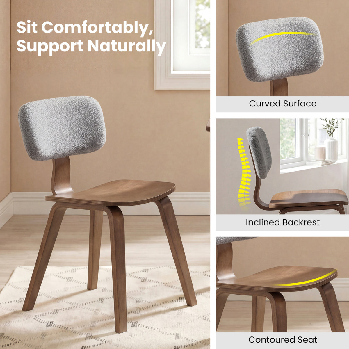Set of 2 Rubber Wood Dining Room Chairs with Teddy Velvet Padded Backrest-Walnut