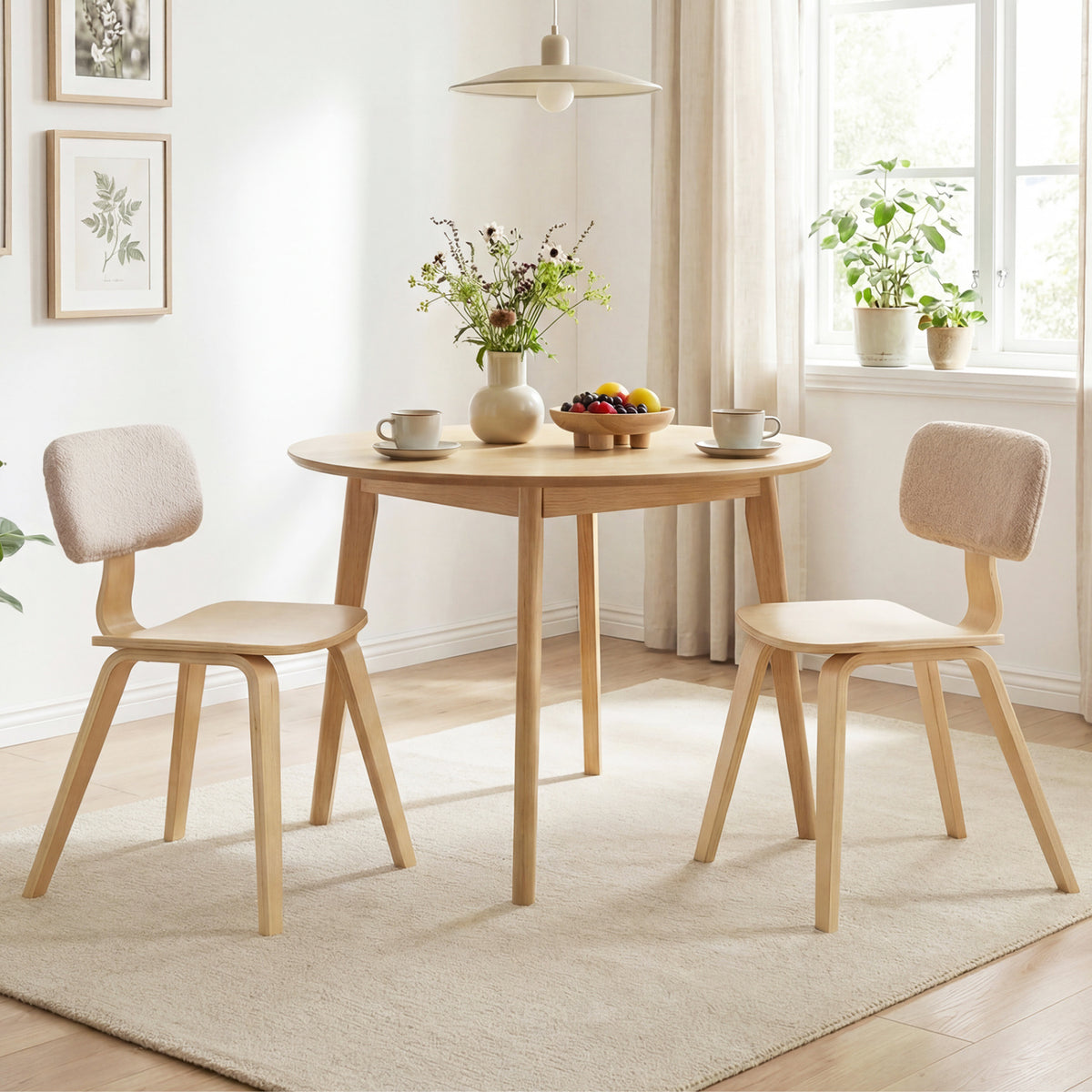 Set of 2 Rubber Wood Dining Room Chairs with Teddy Velvet Padded Backrest-Natural