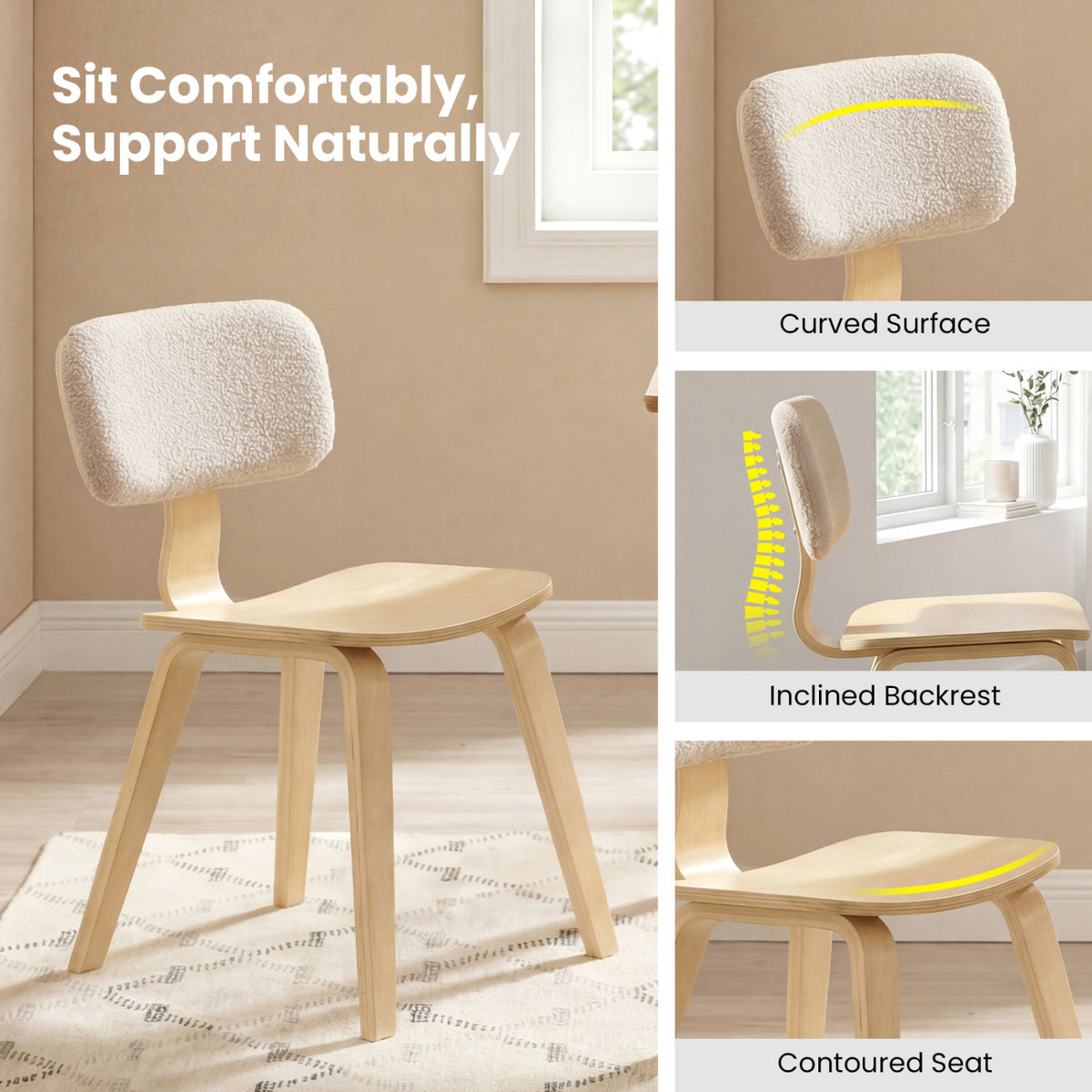 Set of 2 Rubber Wood Dining Room Chairs with Teddy Velvet Padded Backrest-Natural