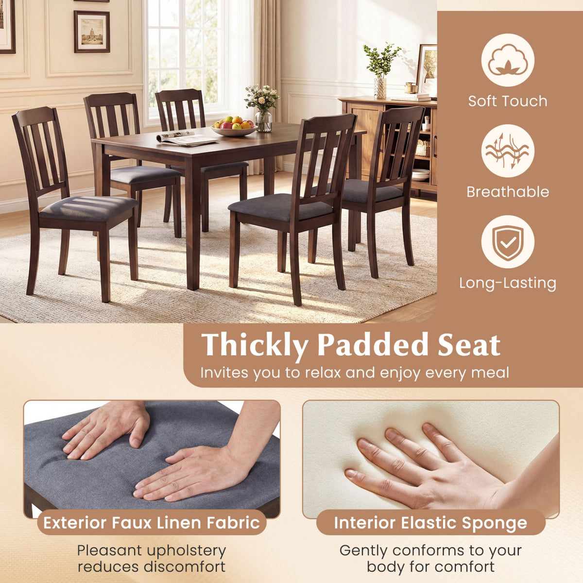Set of 2 Rubber Wood Dining Room Chairs with Comfortable Backrest-Brown