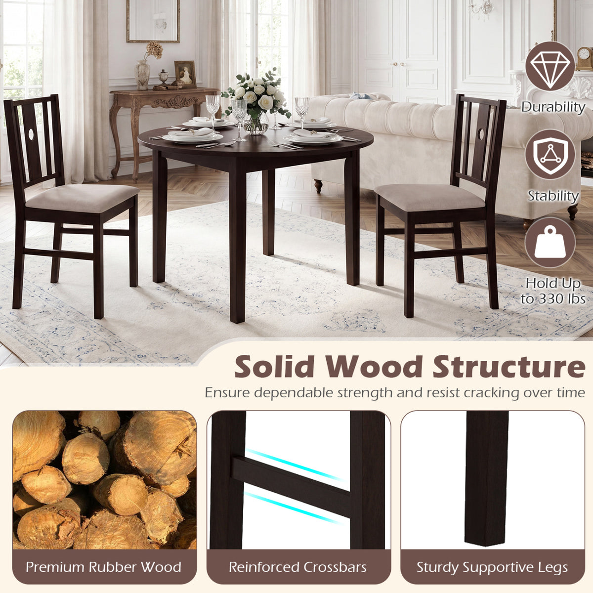 Set of 2 Rubber Wood Kitchen Chairs with Fabric Padded Seat -Coffee