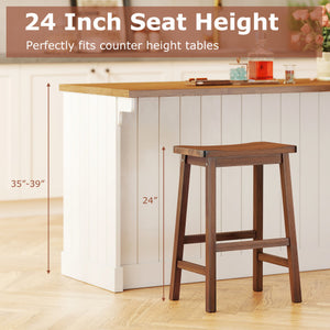 Set of 2 Saddle-Seat Counter Height Stools with Curved Seat and Footrests-Walnut