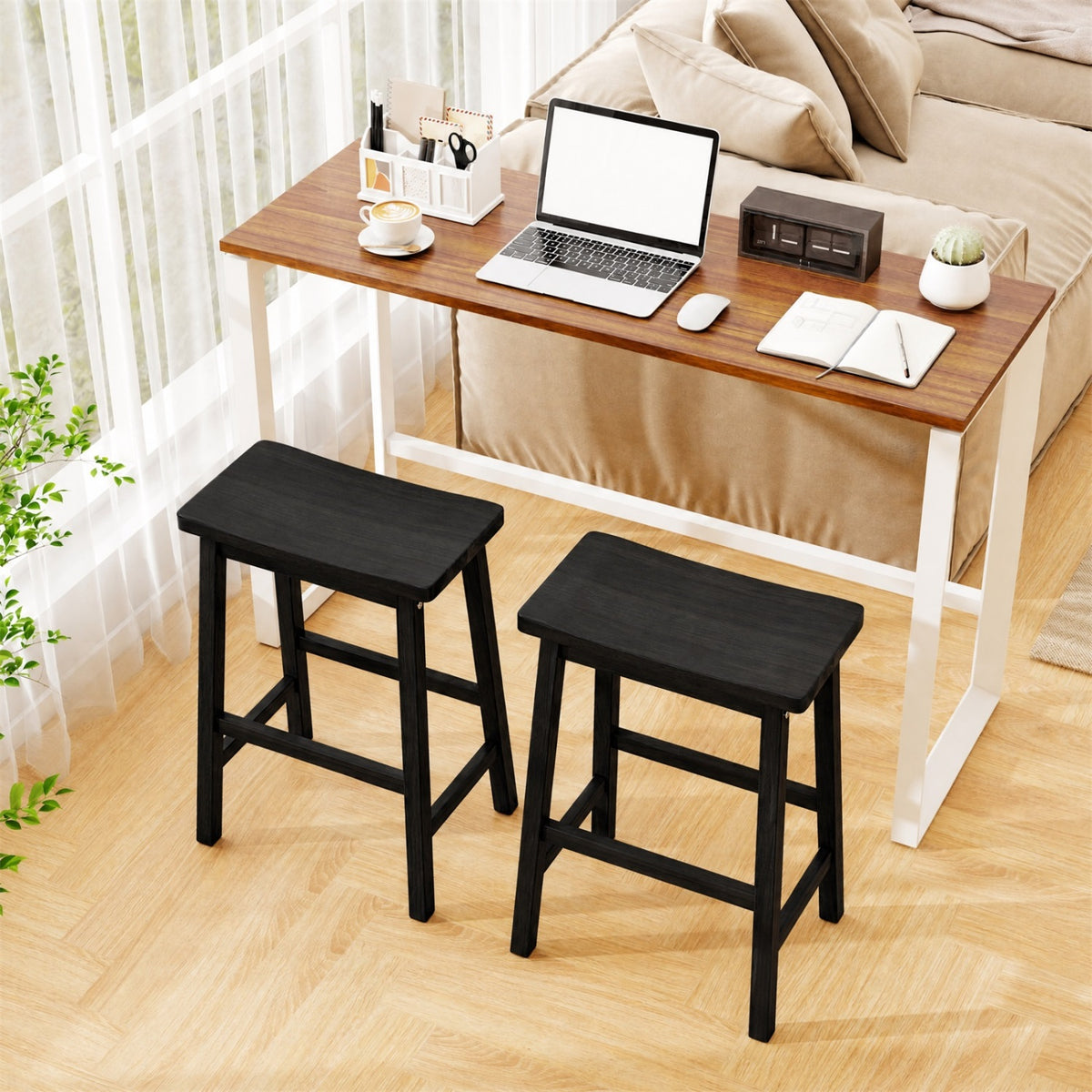 Set of 2 Saddle-Seat Counter Height Stools with Curved Seat and Footrests-Black