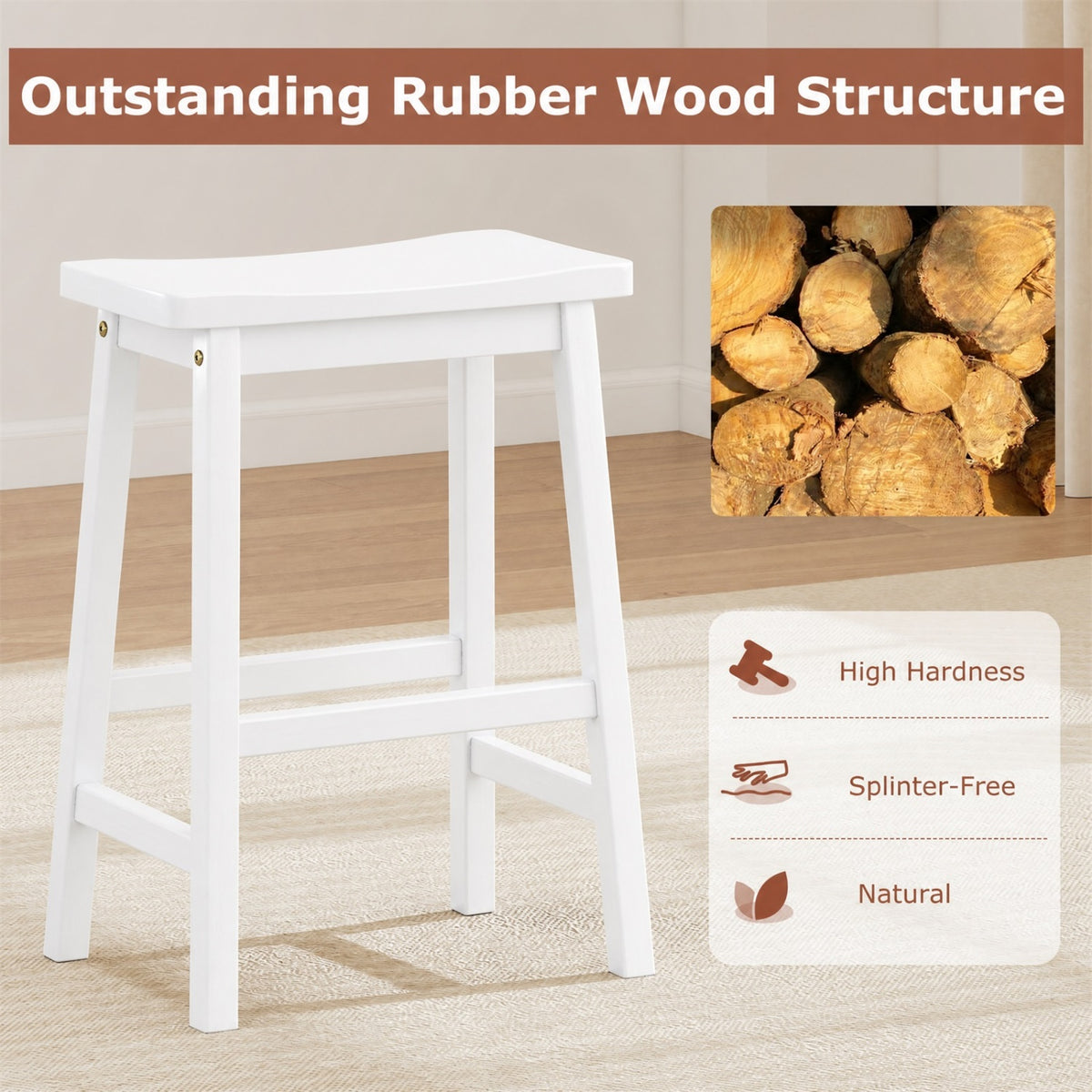 Set of 2 Saddle-Seat Counter Height Stools with Curved Seat and Footrests-Beige