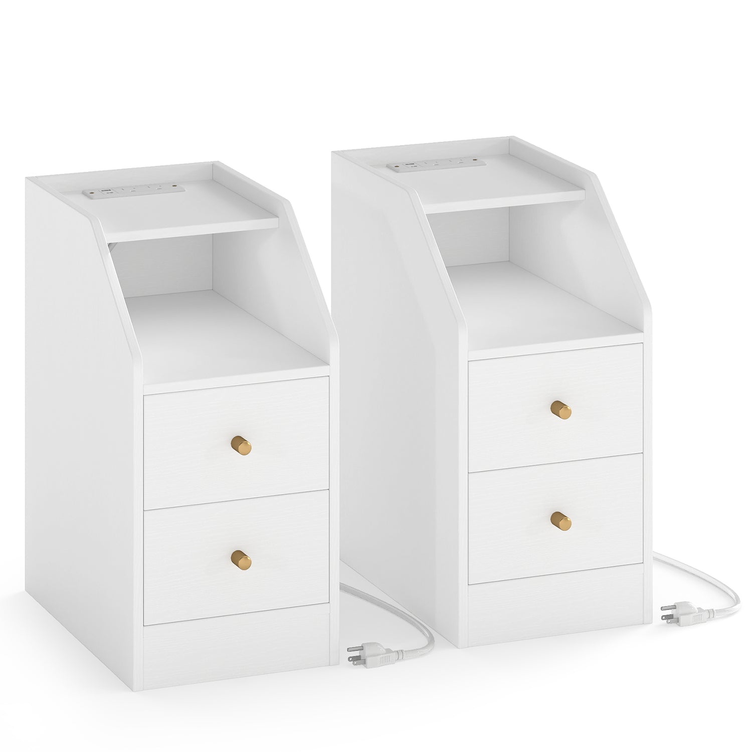 Set of 2 Side End Tables with Charging Station Sofa Couch Tables with Shelf Drawers-White