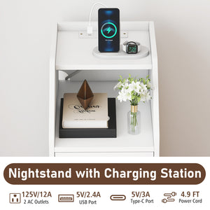 Set of 2 Side End Tables with Charging Station Sofa Couch Tables with Shelf Drawers-White