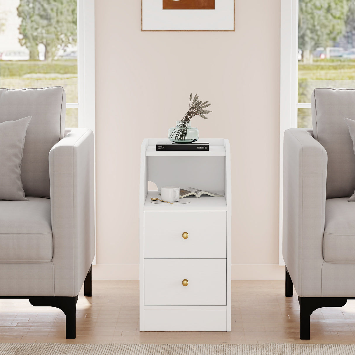 Set of 2 Side End Tables with Charging Station Sofa Couch Tables with Shelf Drawers-White