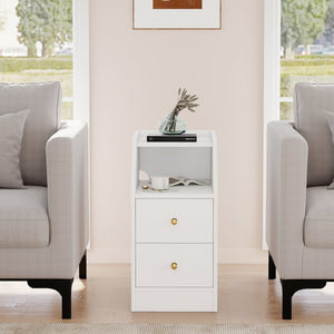 Set of 2 Side End Tables with Charging Station Sofa Couch Tables with Shelf Drawers-White
