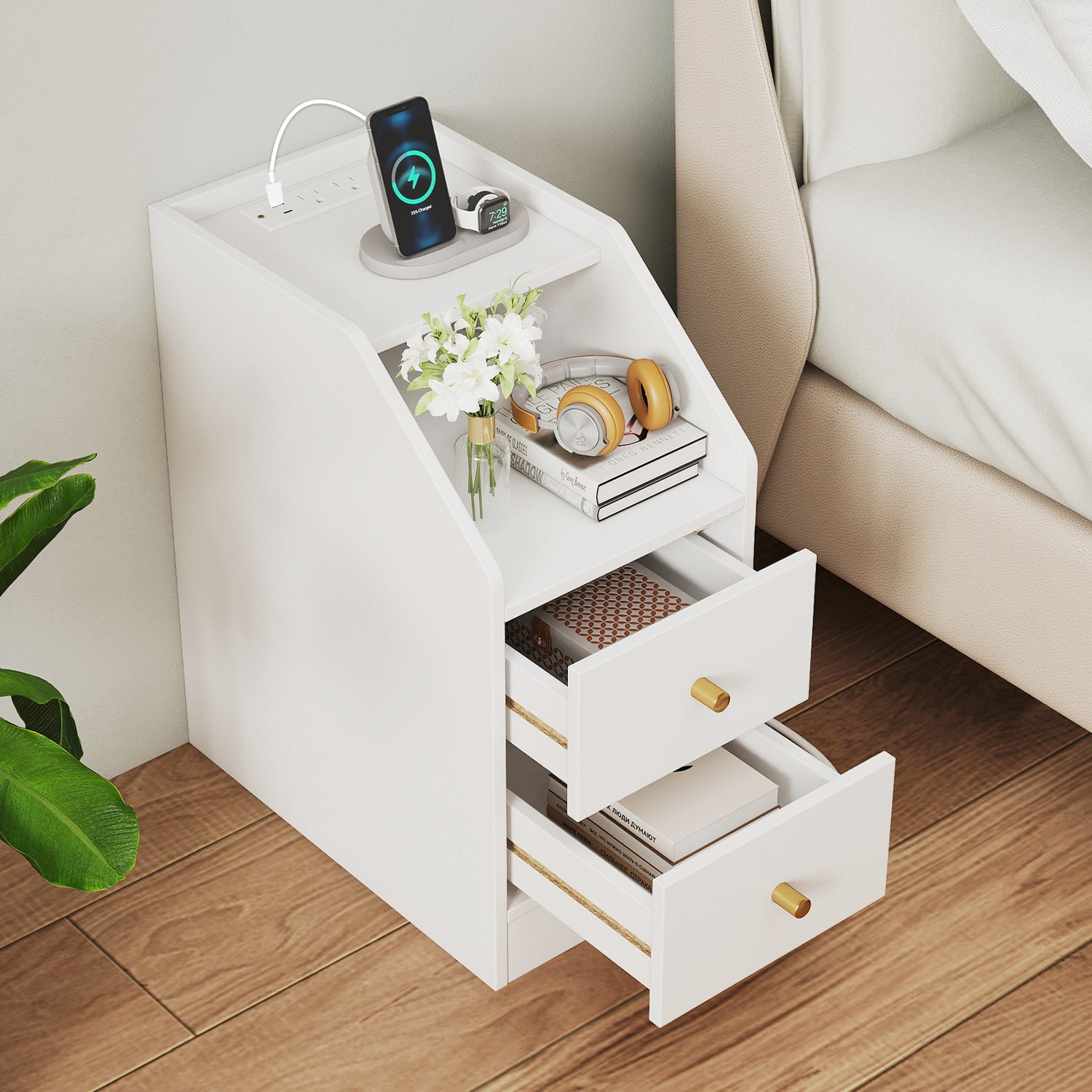 Set of 2 Side End Tables with Charging Station Sofa Couch Tables with Shelf Drawers-White