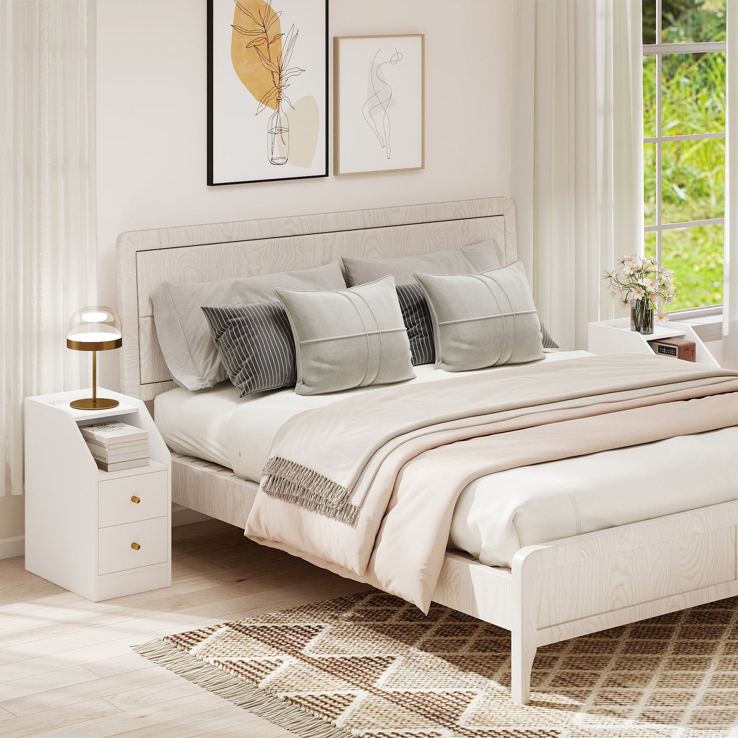 Set of 2 Side End Tables with Charging Station Sofa Couch Tables with Shelf Drawers-White