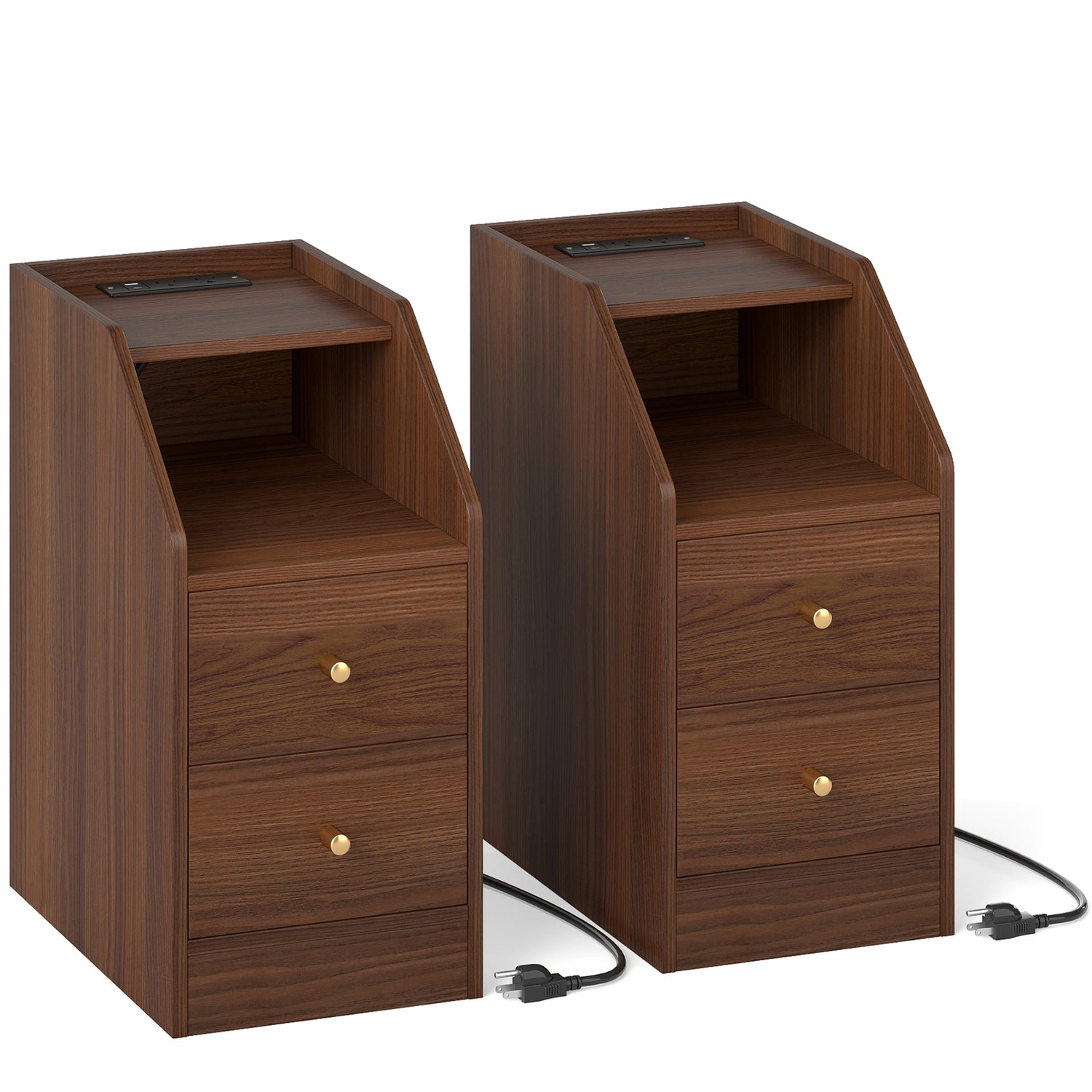 Set of 2 Side End Tables with Charging Station Sofa Couch Tables with Shelf Drawers-Walnut