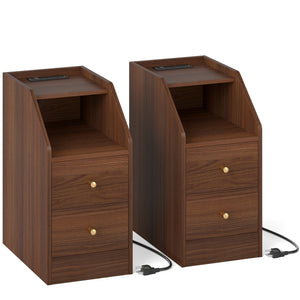 Set of 2 Side End Tables with Charging Station Sofa Couch Tables with Shelf Drawers-Walnut