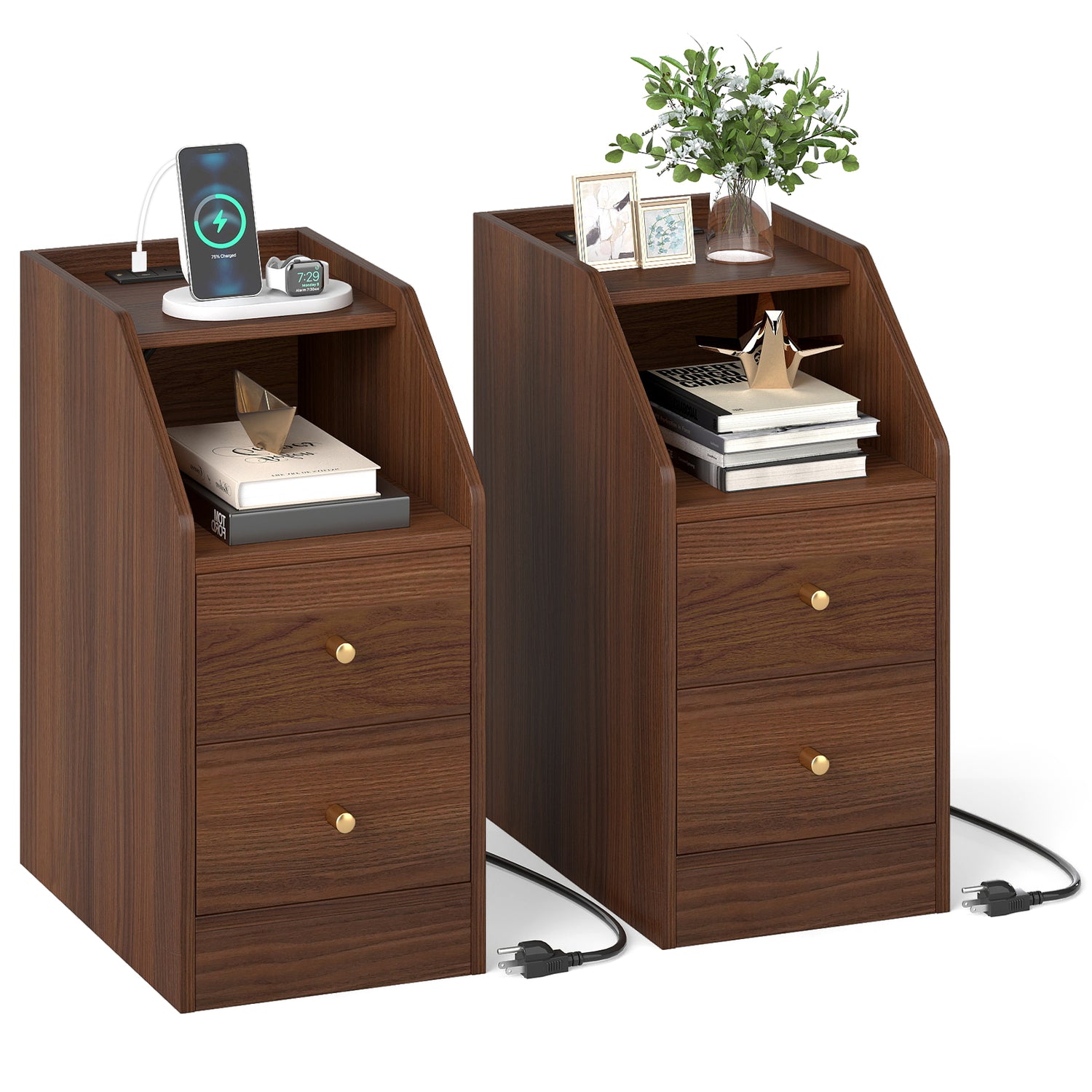 Set of 2 Side End Tables with Charging Station Sofa Couch Tables with Shelf Drawers-Walnut
