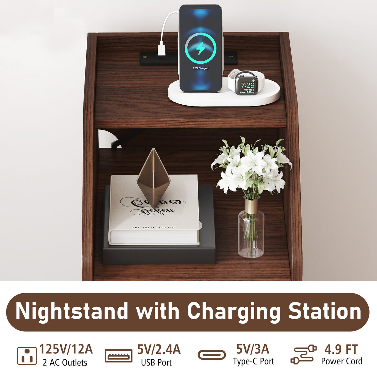 Set of 2 Side End Tables with Charging Station Sofa Couch Tables with Shelf Drawers-Walnut