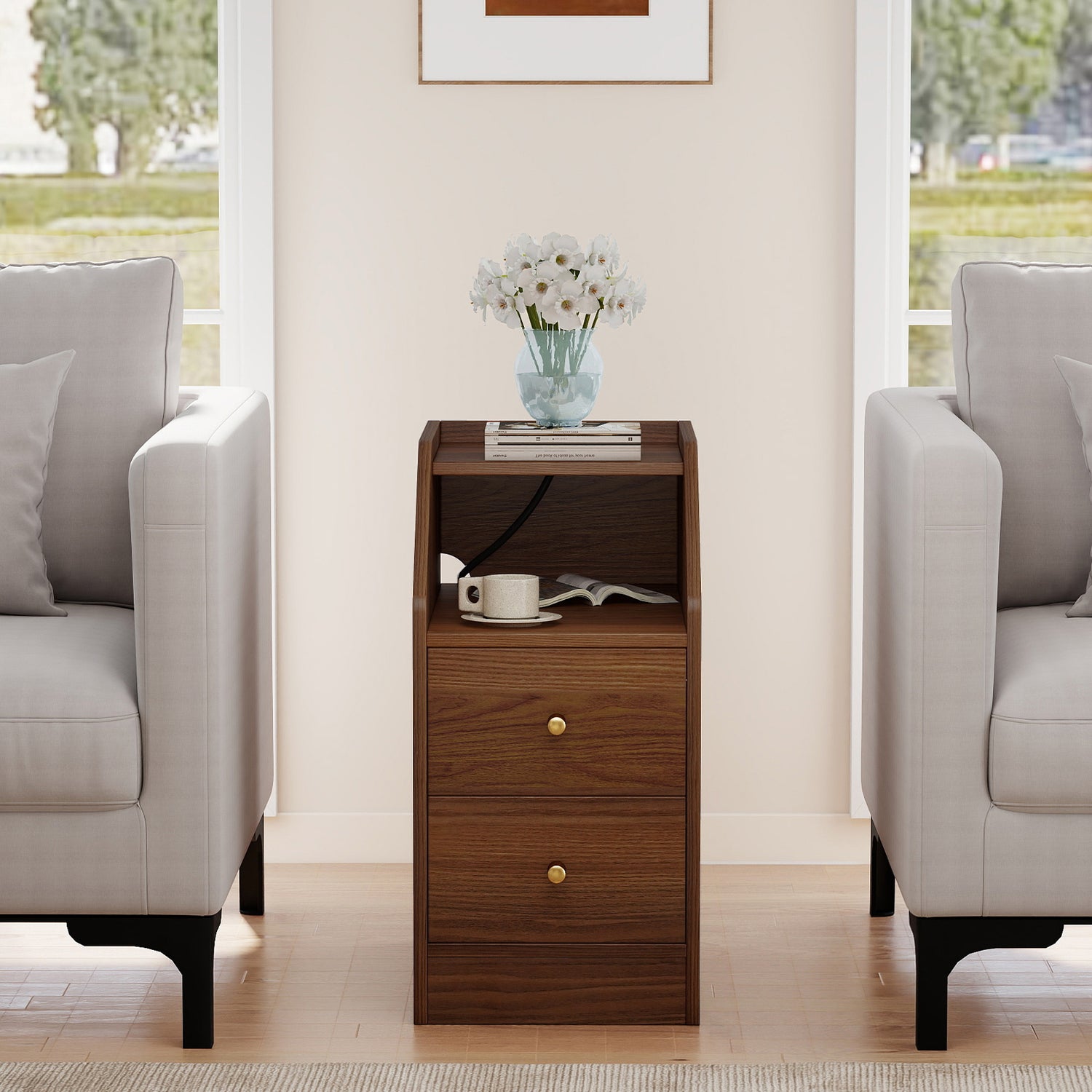 Set of 2 Side End Tables with Charging Station Sofa Couch Tables with Shelf Drawers-Walnut