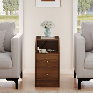 Set of 2 Side End Tables with Charging Station Sofa Couch Tables with Shelf Drawers-Walnut