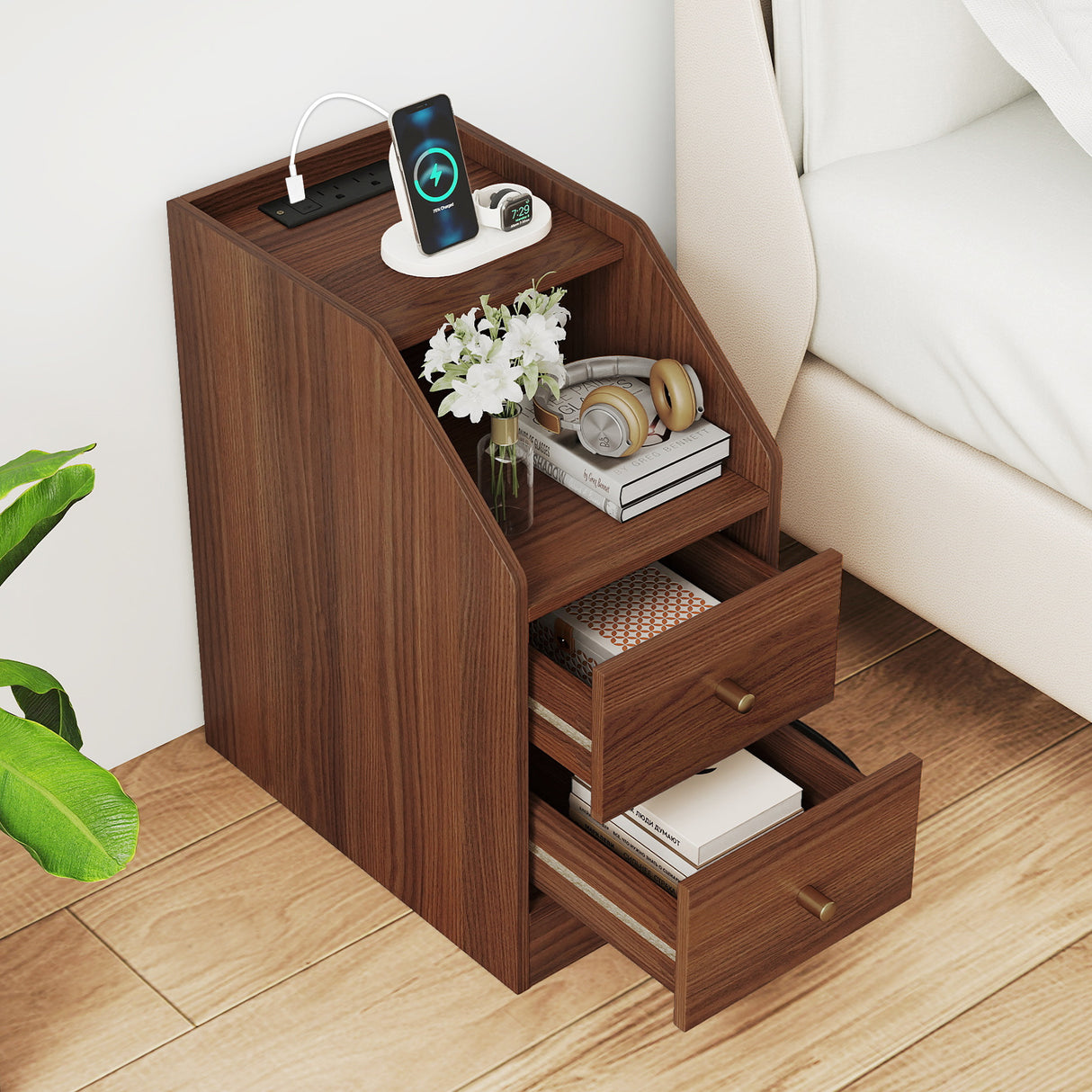 Set of 2 Side End Tables with Charging Station Sofa Couch Tables with Shelf Drawers-Walnut