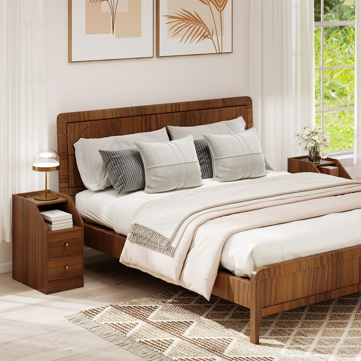 Set of 2 Side End Tables with Charging Station Sofa Couch Tables with Shelf Drawers-Walnut