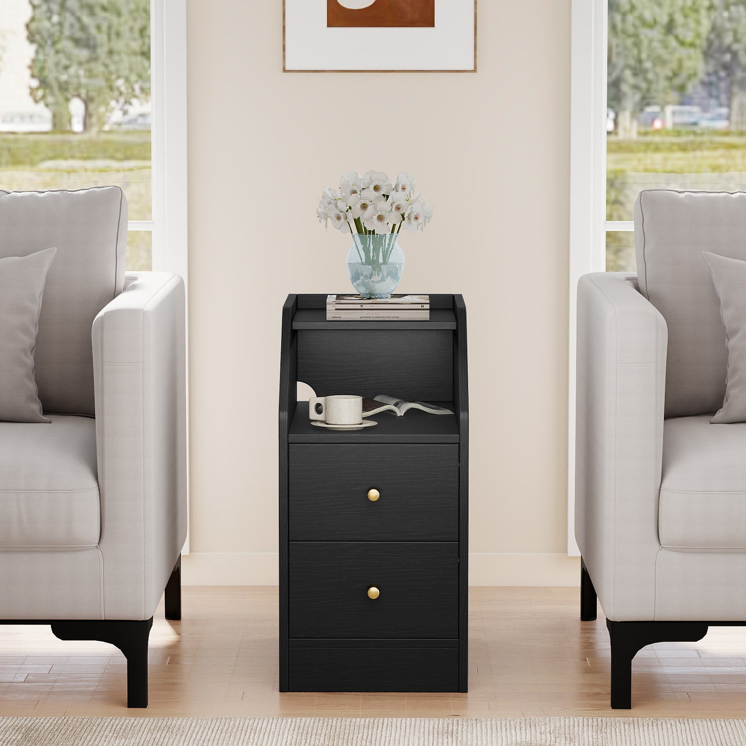 Set of 2 Side End Tables with Charging Station Sofa Couch Tables with Shelf Drawers-Black