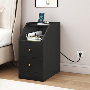 Set of 2 Side End Tables with Charging Station Sofa Couch Tables with Shelf Drawers-Black