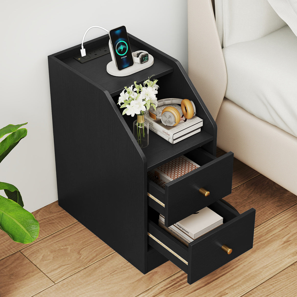 Set of 2 Side End Tables with Charging Station Sofa Couch Tables with Shelf Drawers-Black