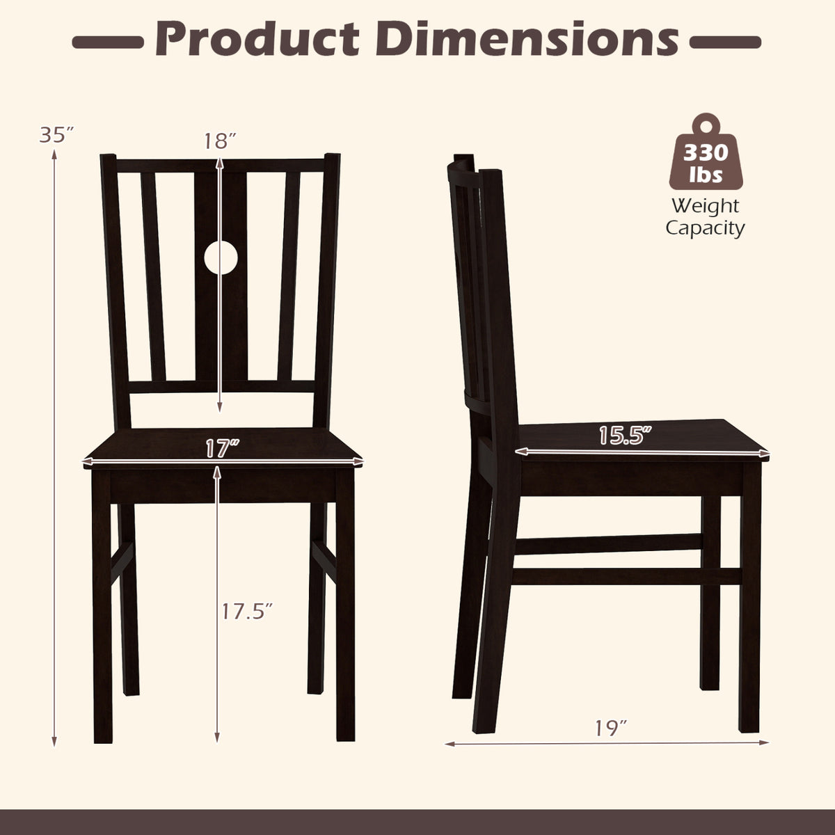 Set of 2 Solid Rubber Wood Kitchen Chairs with Slatted Curved Backrest-Coffee
